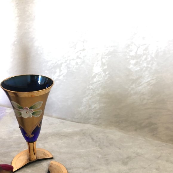 (Rare)Vintage Bohemian Raised Floral Czech Cobalt Blue 24K Gold - Picture 8 of 8